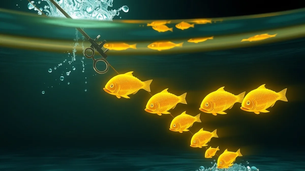 Glowing golden fish hooked in a growing chain under a big splash