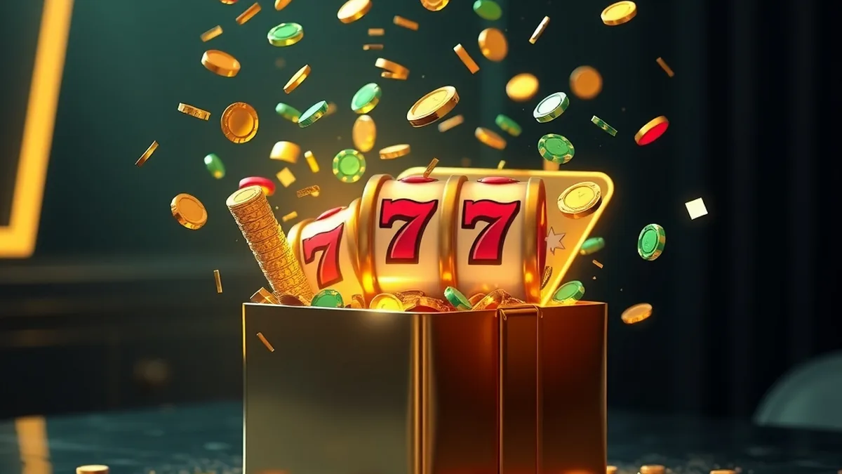 Gift box releasing slot reels, chips and confetti for Seven casino bonus free spins