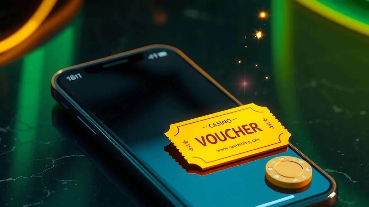 Smartphone with a glowing input field next to a golden voucher and chips