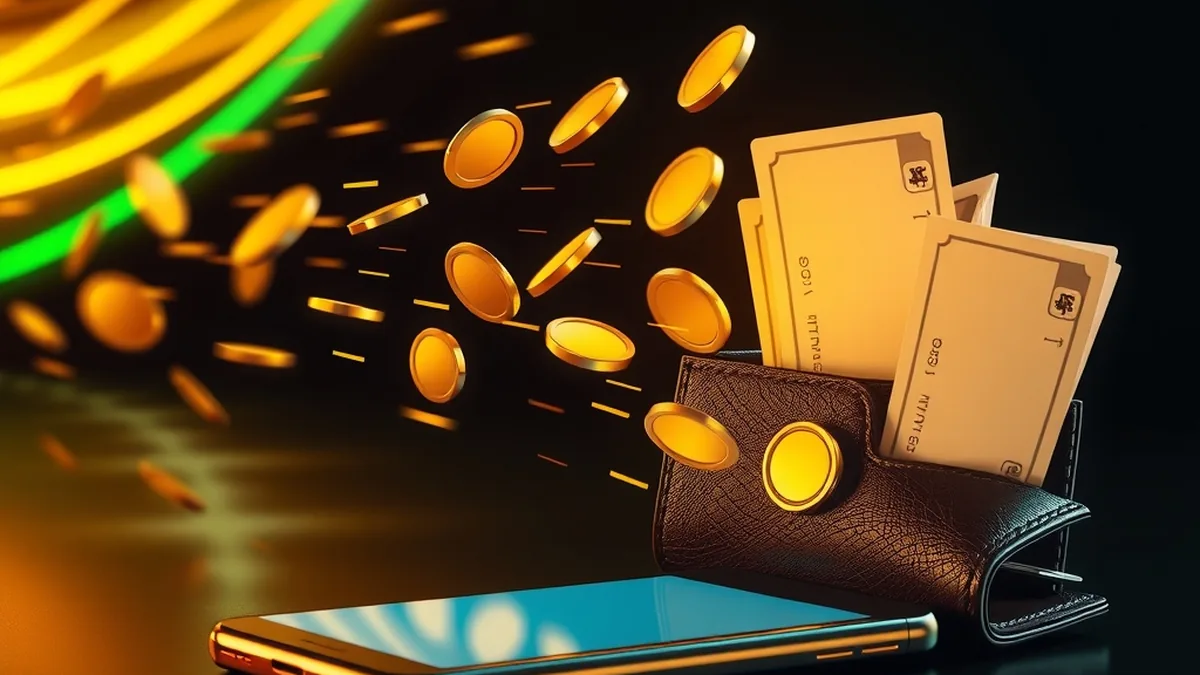 Gold coins and notes flowing quickly into a wallet beside a bank card