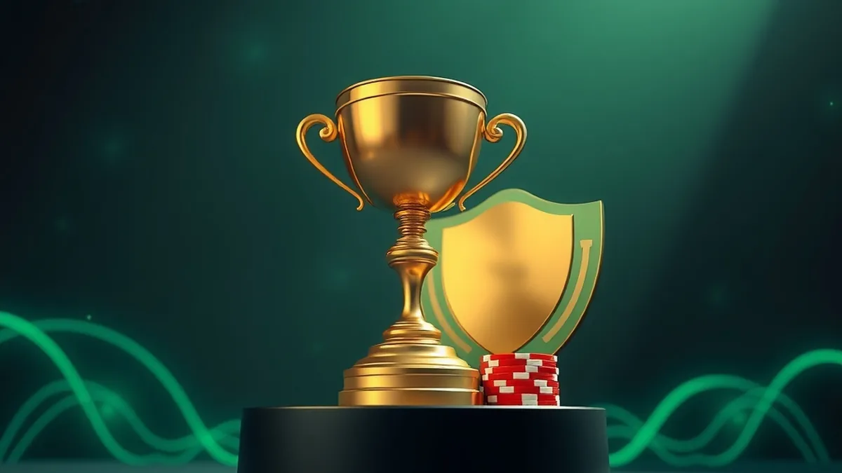 Golden trophy beside an emerald shield and casino chips on a podium