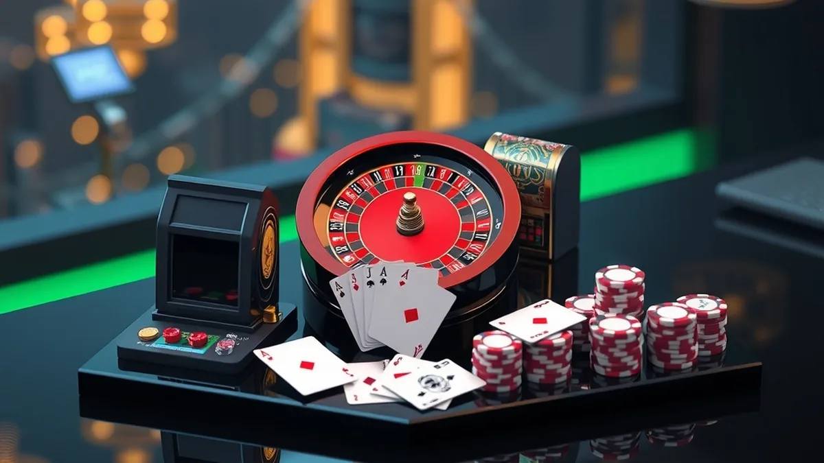 Overview of casino games with roulette, slot reels, cards and chips at Seven casino