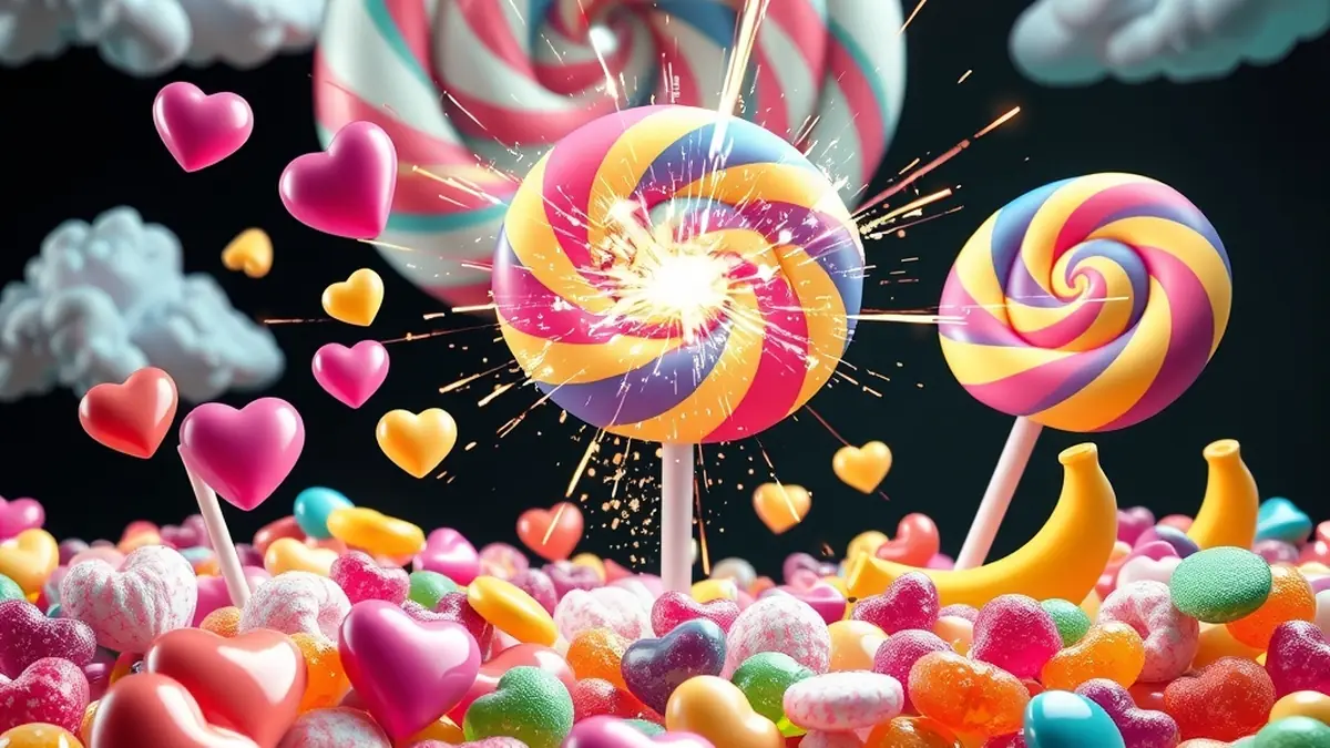 Rainbow candy bombs exploding among sweets and fruit in Sweet Bonanza style